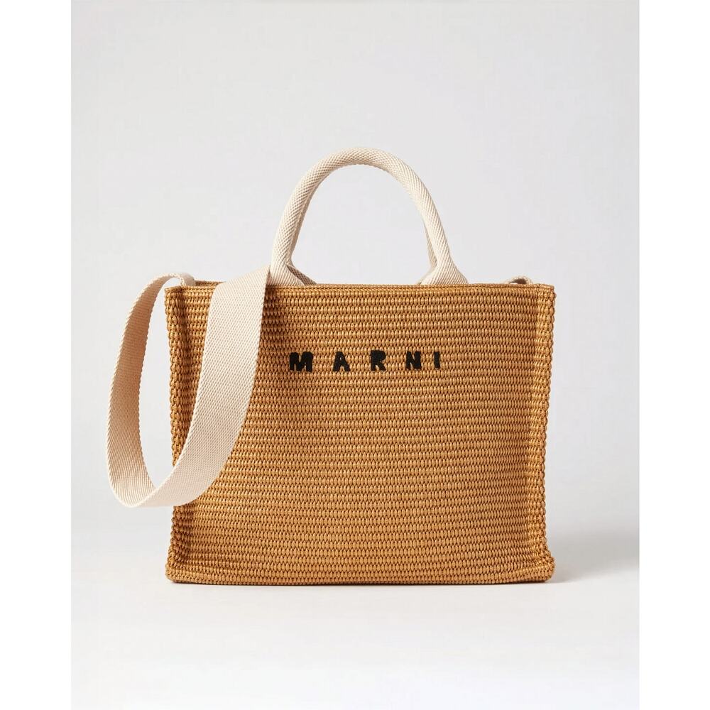 Marni Small Raffia Basket Tote Beige Logo Shoulder Crossbody Bag Italy